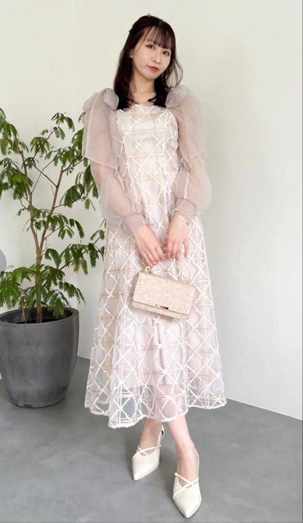 レースリボンオフショルドレス ピンク