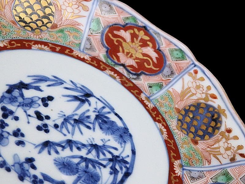 古伊万里　金襴手　松竹梅　菊花四方襷紋に花の図　６寸皿　N149AS-CYy