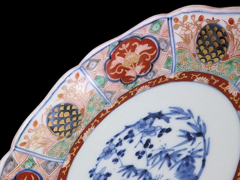 古伊万里　金襴手　松竹梅　菊花四方襷紋に花の図　６寸皿　N149AS-CYy