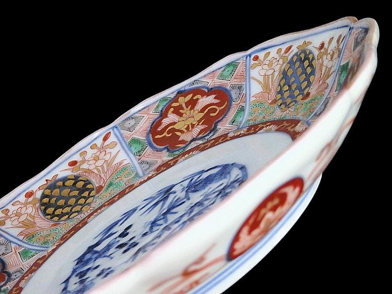 古伊万里　金襴手　松竹梅　菊花四方襷紋に花の図　６寸皿　N149AS-CYy