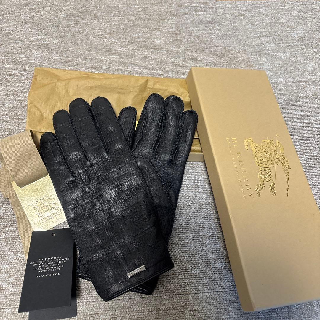 ☆バーバリー ロンドン☆メンズ☆シャドーバーバリーチェック黒レザー手袋☆