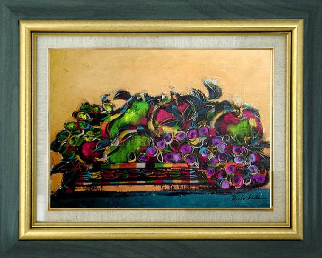 油絵 絵 絵画インテリア 額付(青緑＋金色の枠) uF6-061104 静物果物