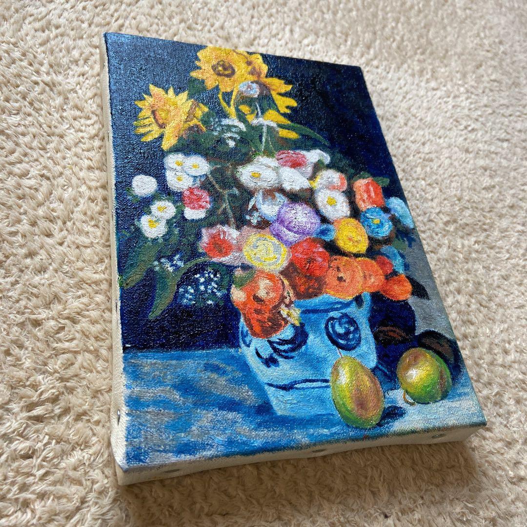 ルノワール　肉筆手描きの油絵模写画　陶器の花瓶と花