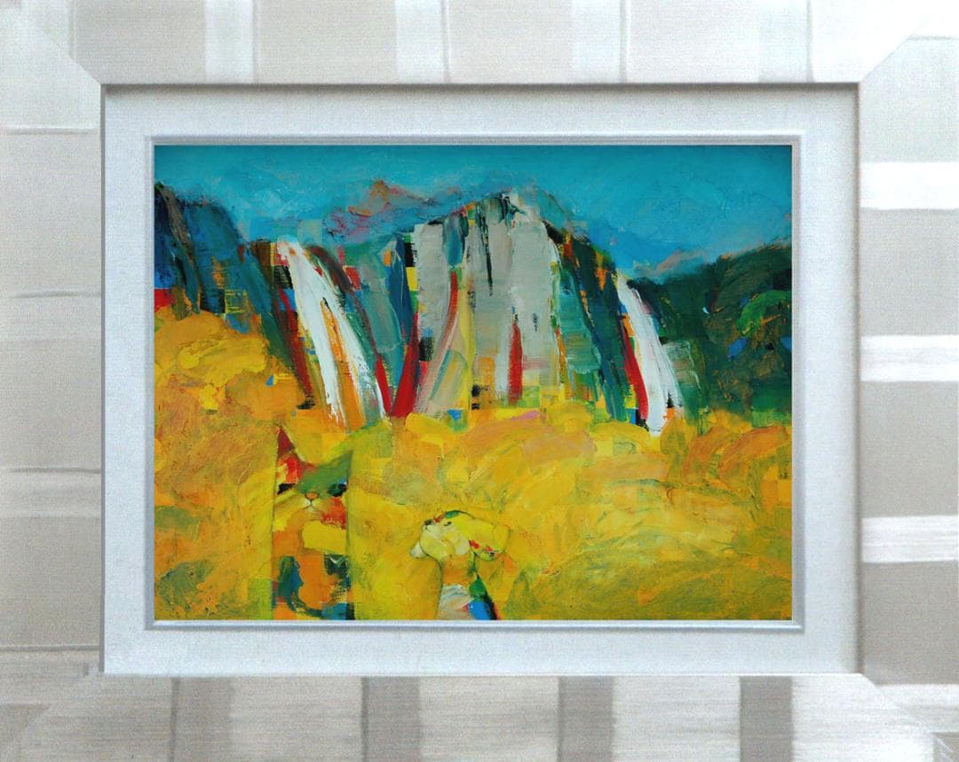 油絵 菅家令子 絵 絵画インテリア額付(青緑＋金色の枠)uF6-071119犬猫