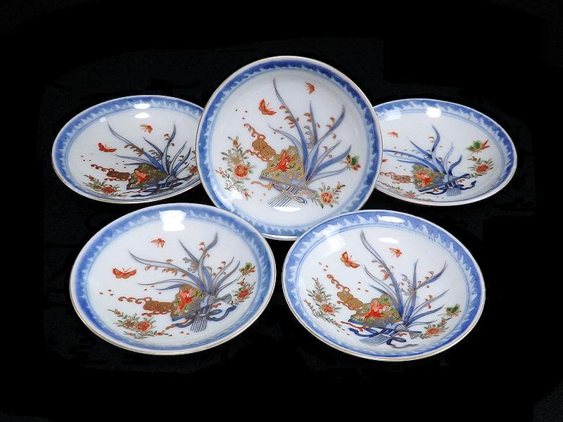 古伊万里　染錦　扇に蘭　蝶に撫子の図　４寸皿　５枚　D756AS-fbjc