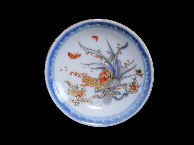 古伊万里　染錦　扇に蘭　蝶に撫子の図　４寸皿　５枚　D756AS-fbjc