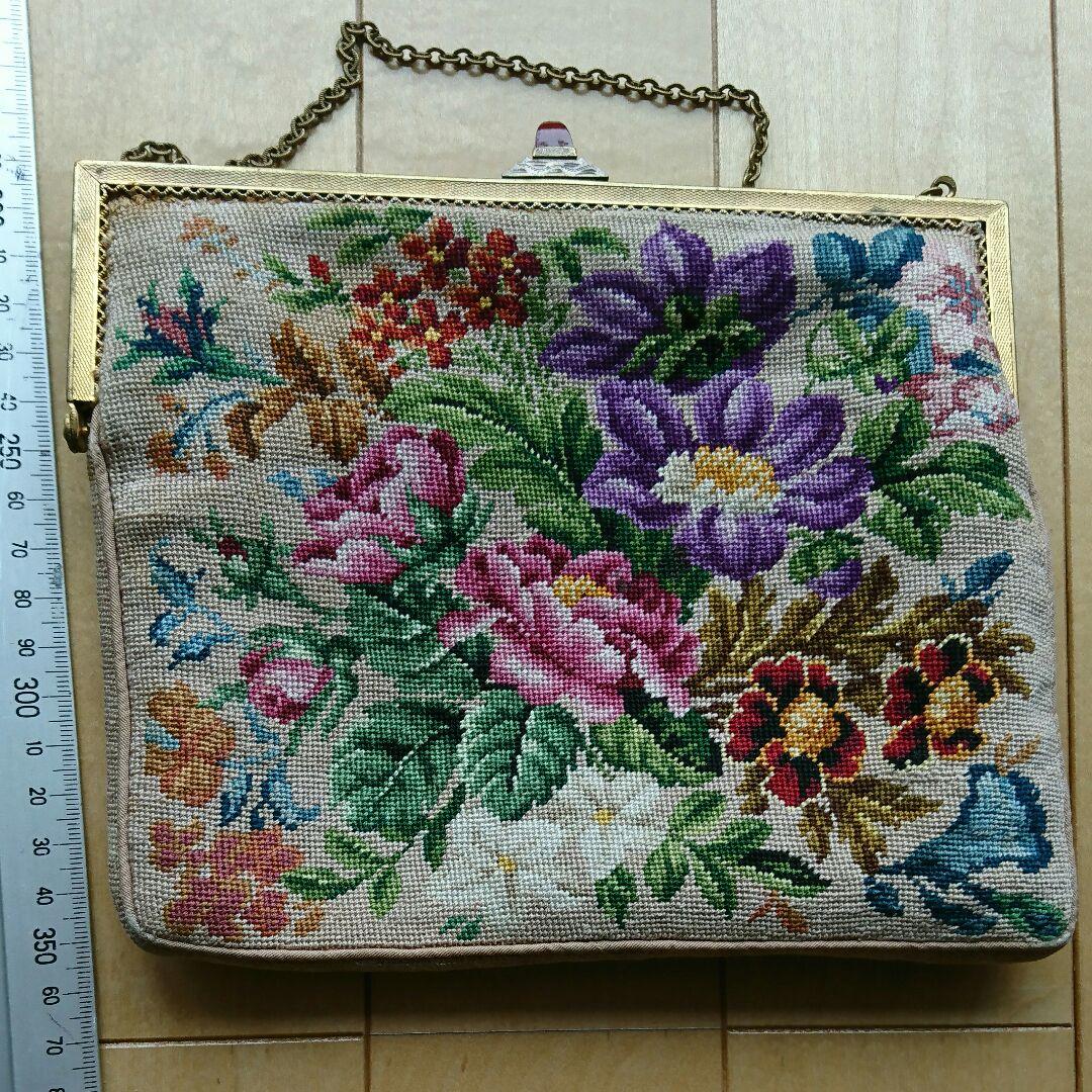 幸せバッグ、クリーニング済み、クロスステッチ、アンティークバッグ