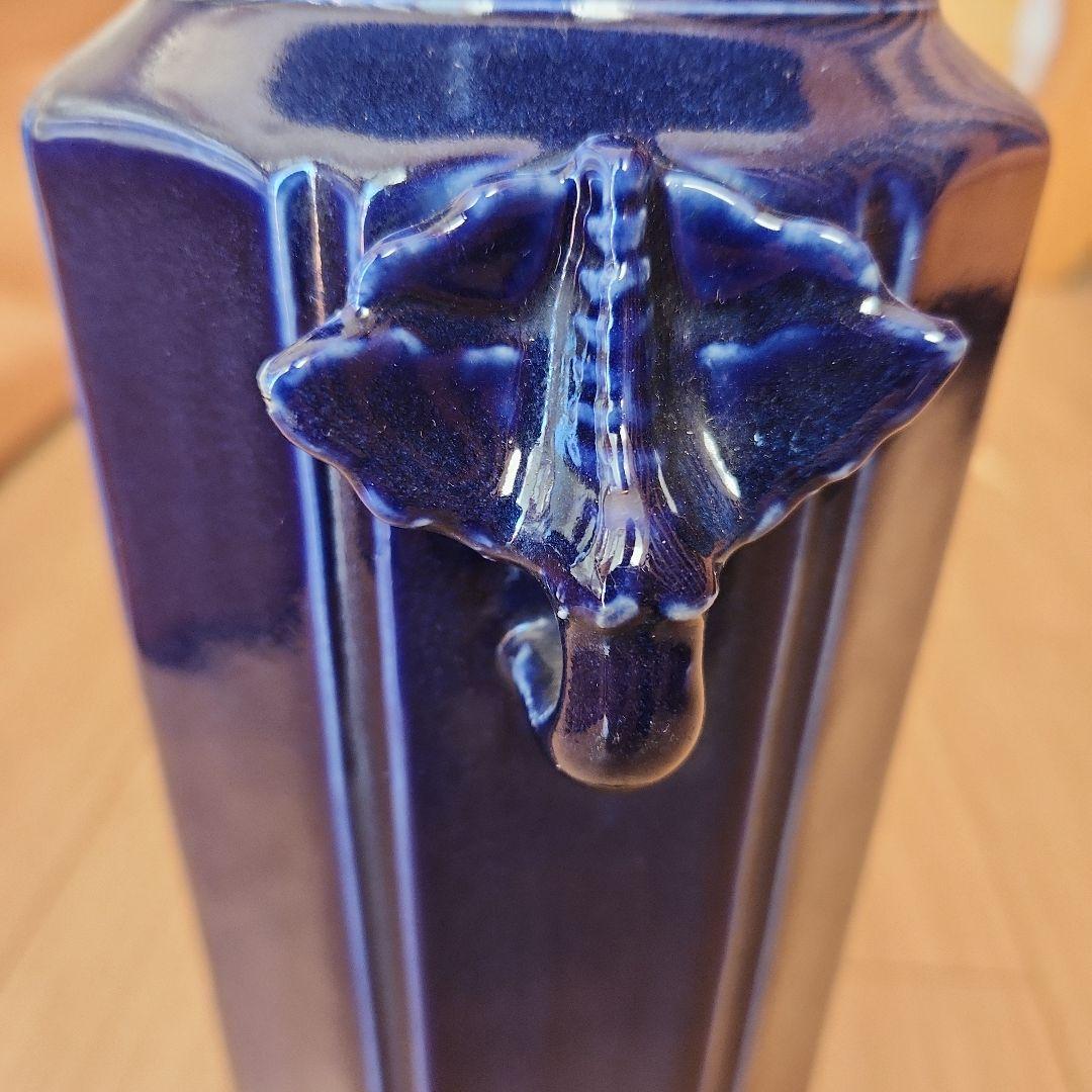 清朝瑠璃8面取り蜻蛉耳付き花入れ