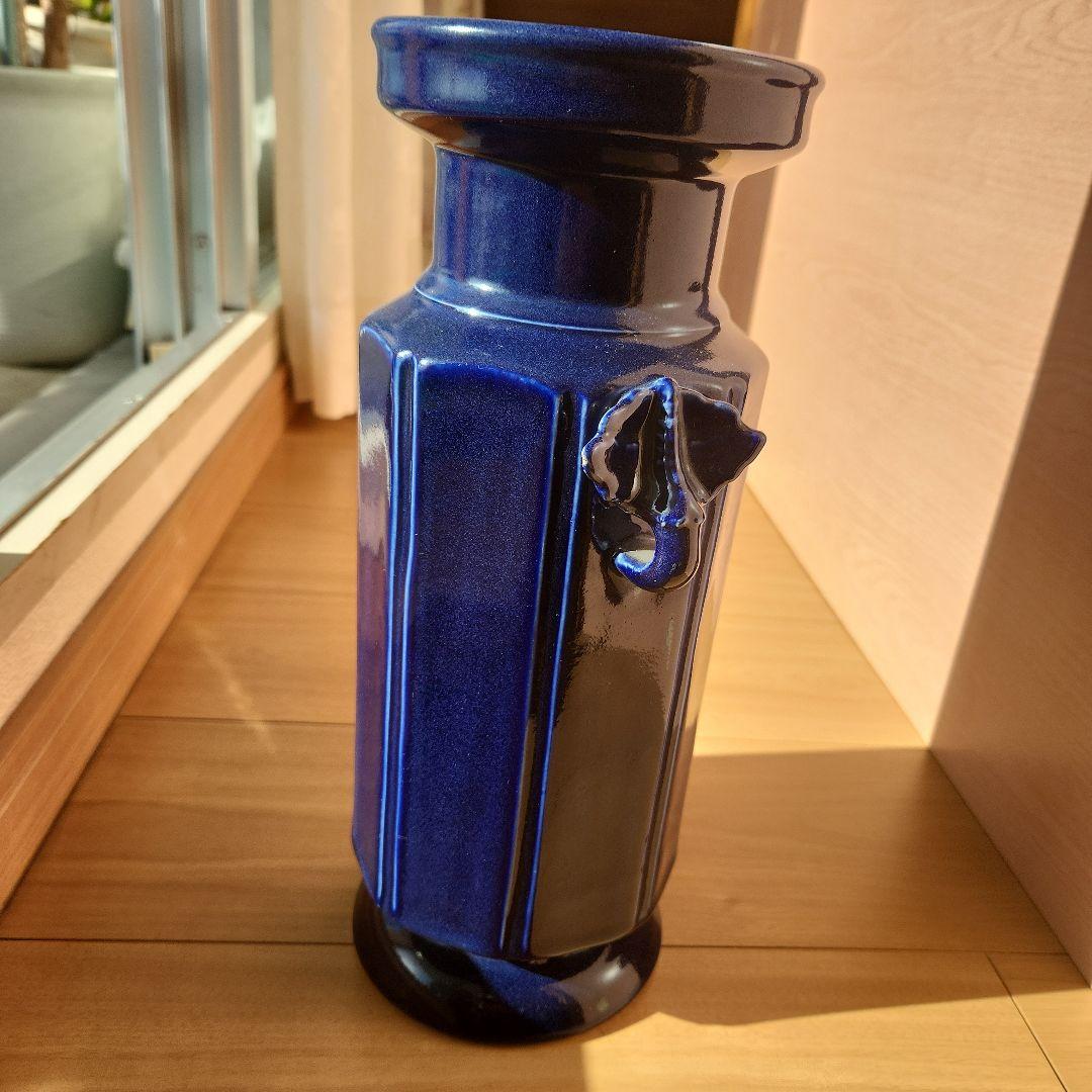 清朝瑠璃8面取り蜻蛉耳付き花入れ