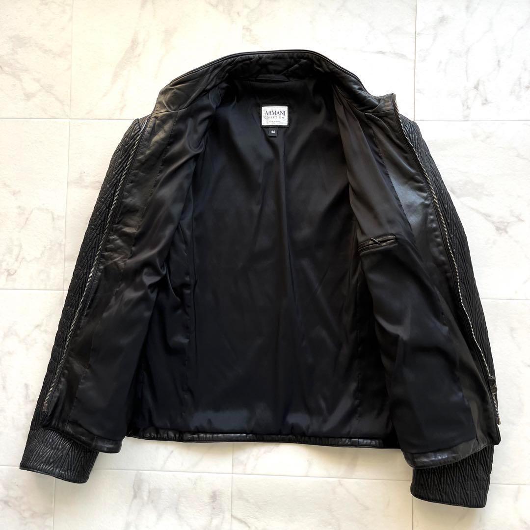 美品 アルマーニコレツィオーニ キルティング ラムレザー ブルゾン 黒 48