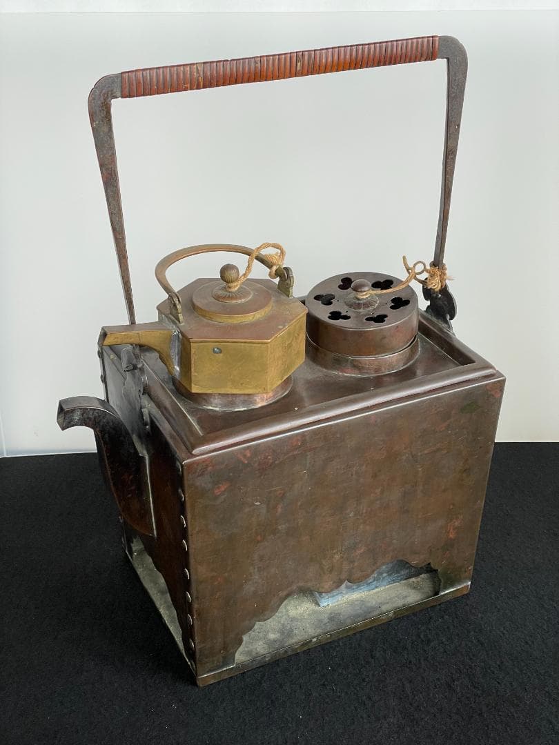 時代物 銅製 籐巻提手 酒燗器 燗銅壷 野燗炉 銅壺 薬燗壷 急須 骨董 古美術