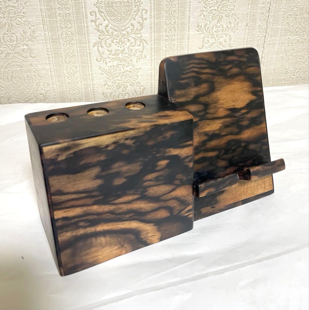 (確認用品) 黒柿一体型ペン立てスマホスタンド