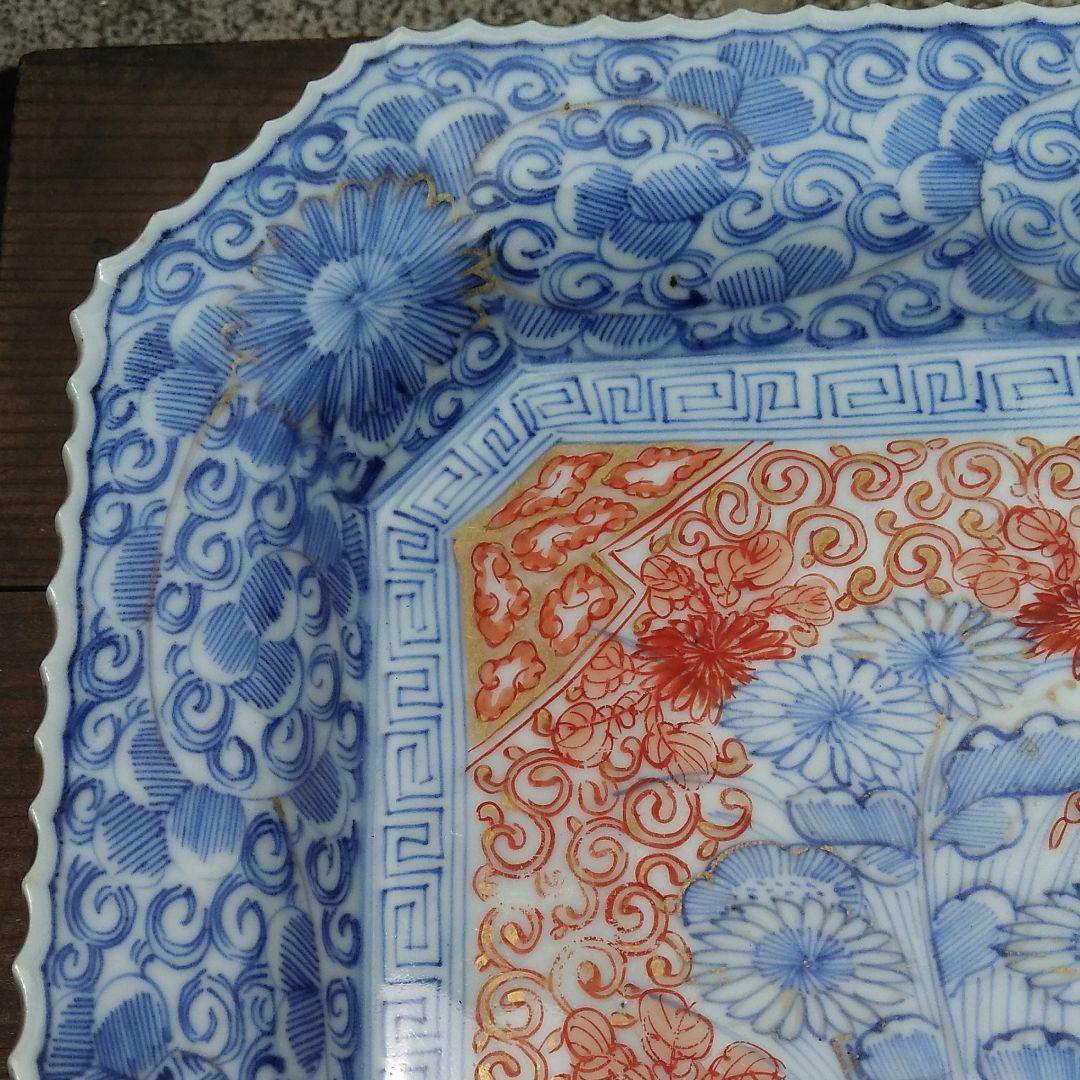 古伊万里線描菊花紋隅切り角皿
