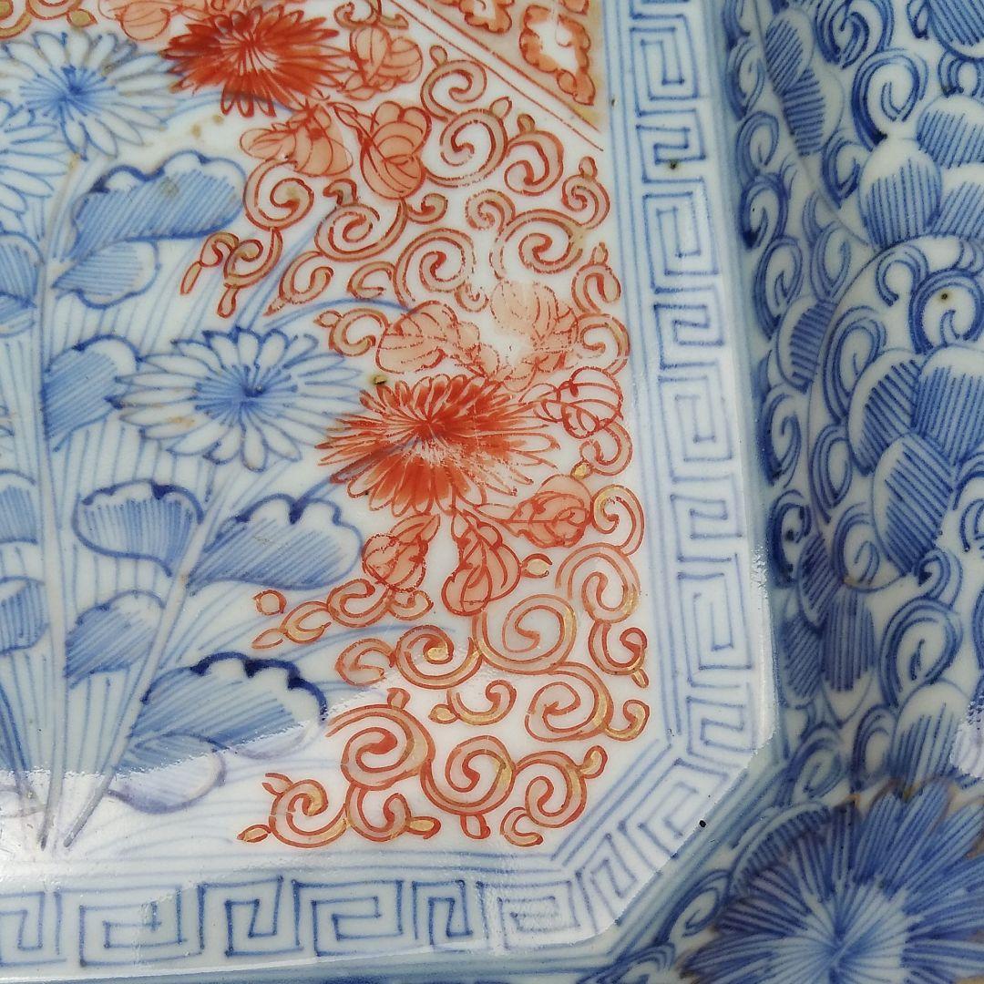 古伊万里線描菊花紋隅切り角皿