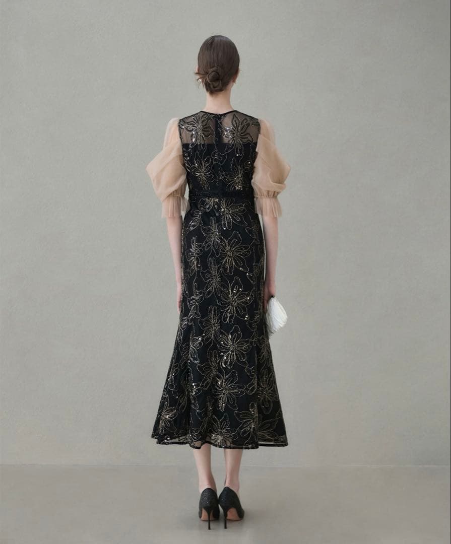 【LEJA】スパンコールフラワーリボンチュールワンピースドレス