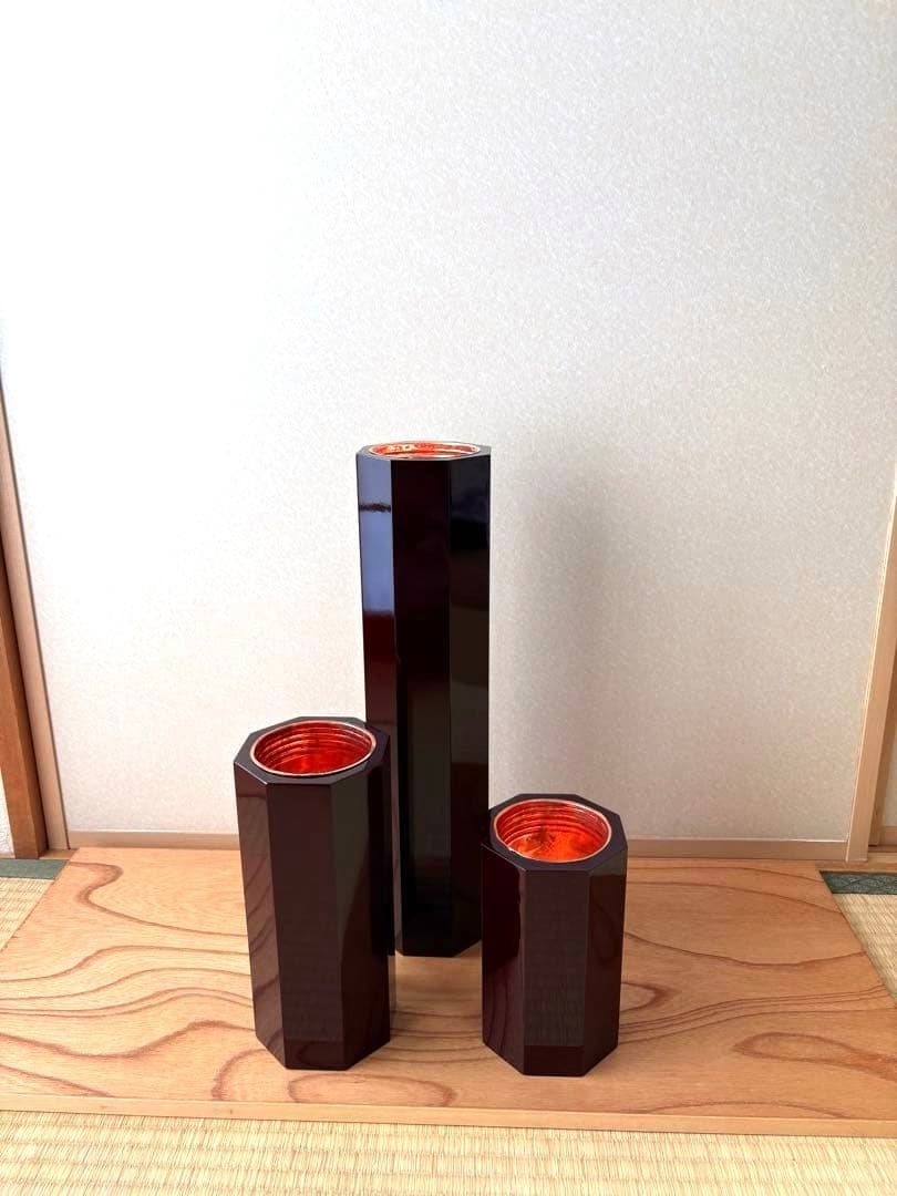 64 美品！短三管筒　3本セット　溜塗り　華道　生花　格花　花器