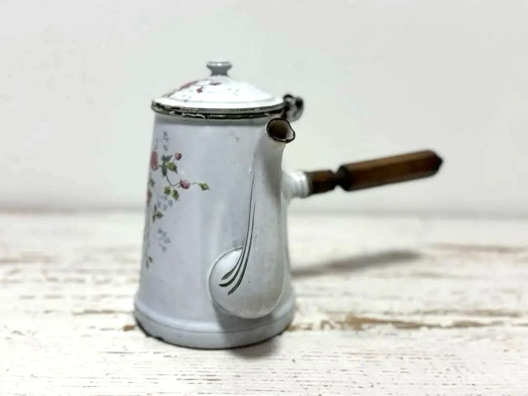 フランスアンティーク BB社 エナメル ホーローポット 薔薇柄 ショコラティエ