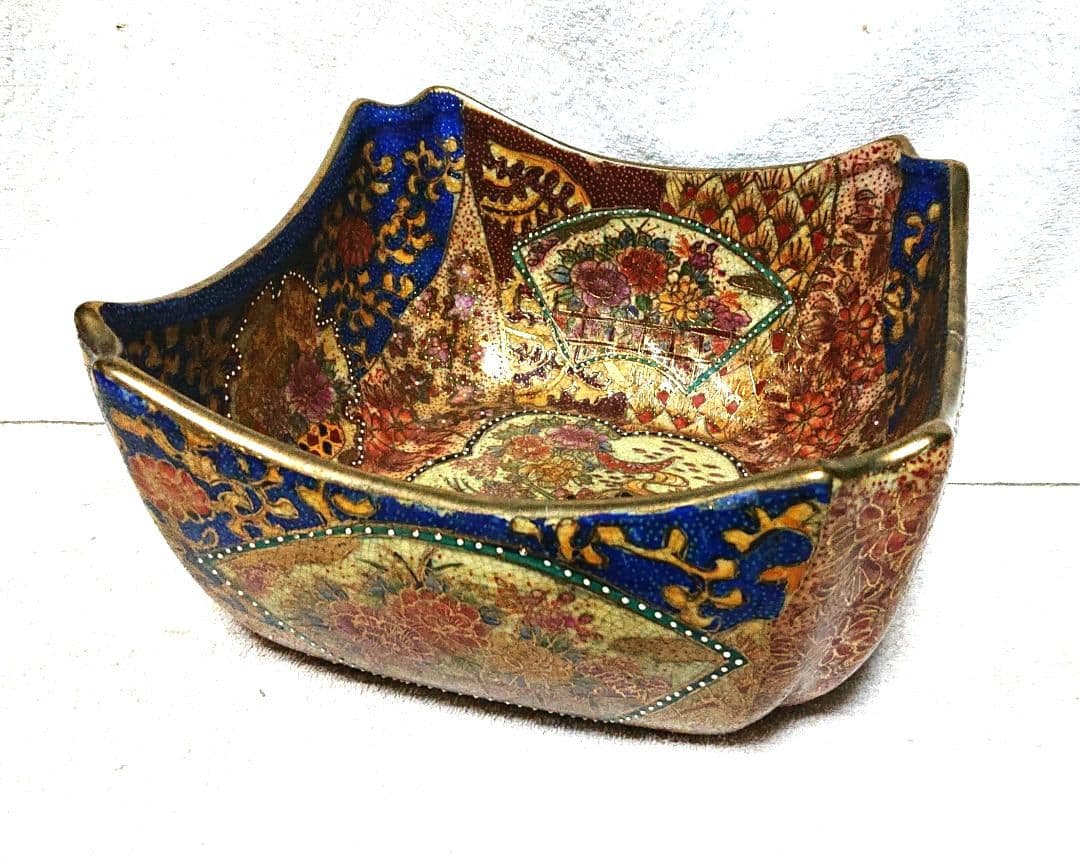 薩摩焼青と金の花柄角型陶器ボウルT168