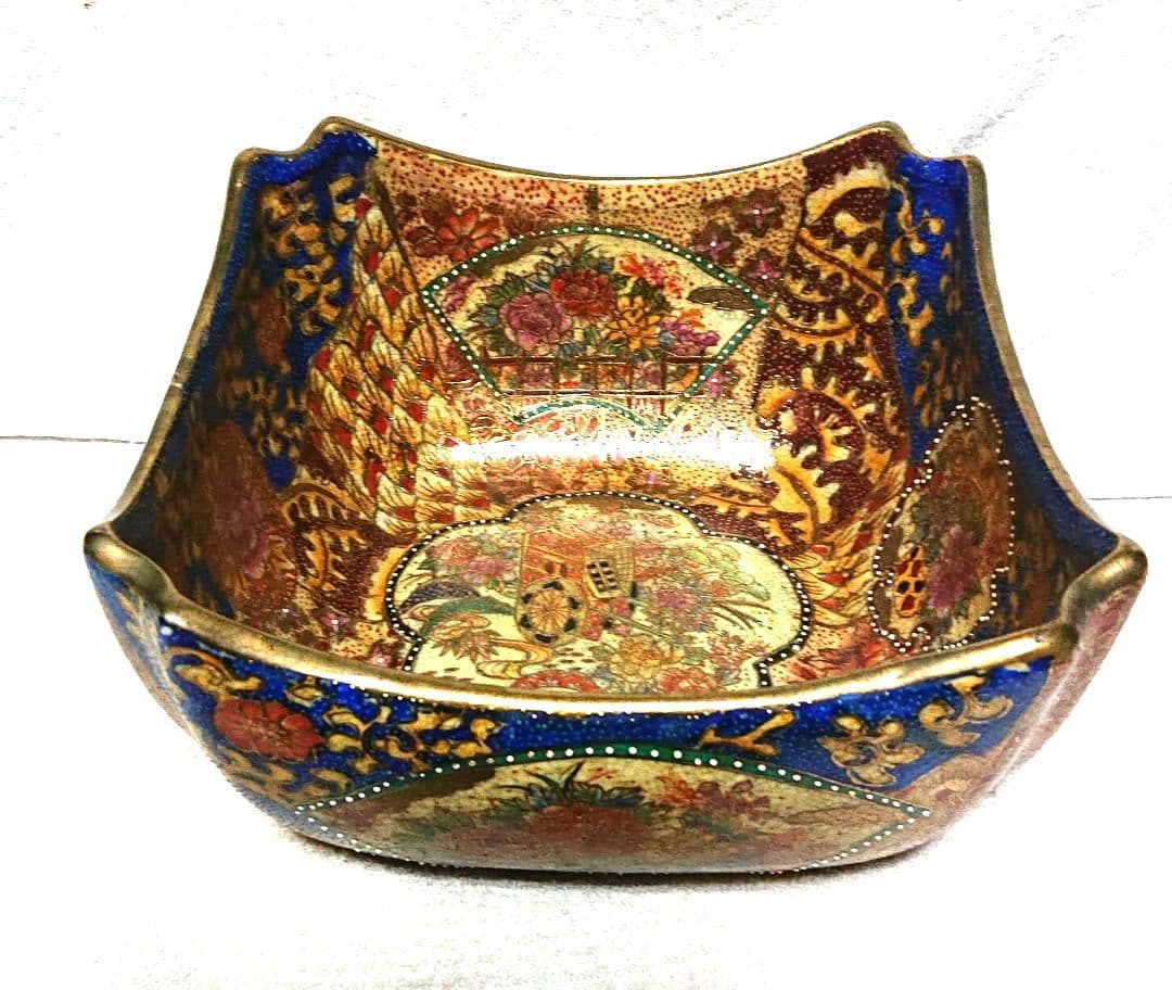 薩摩焼青と金の花柄角型陶器ボウルT168