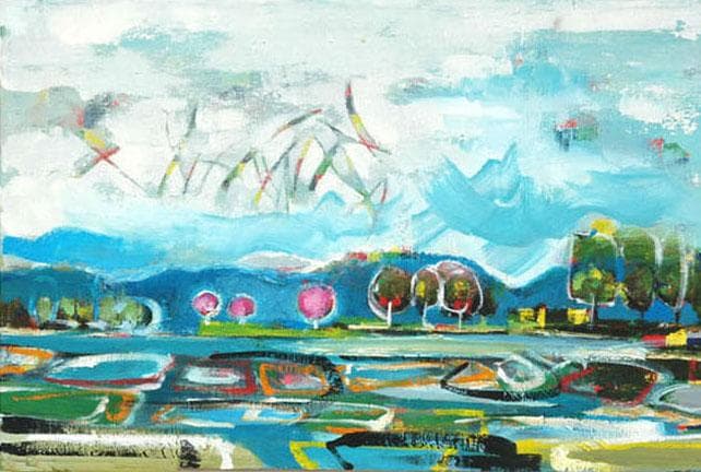 油絵 菅家令子 絵 絵画インテリア額付(青緑＋金色の枠)uF6-063003風景