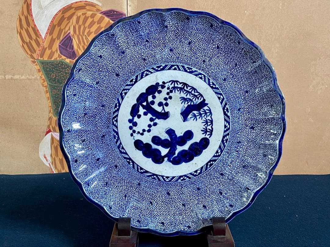 『母』 古伊万里 染付 印判 みじん唐草 尺4寸 大皿 （708D②）