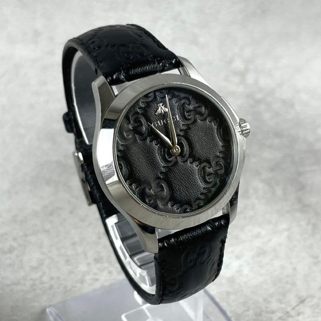 【正規品】GUCCI グッチ 腕時計 GG柄 ブラック シマレザー クォーツ 蜂