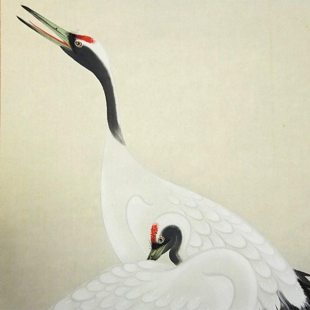 掛軸 藤井春生『双鶴図』日本画 絹本 肉筆 無地箱付 掛け軸 p12253