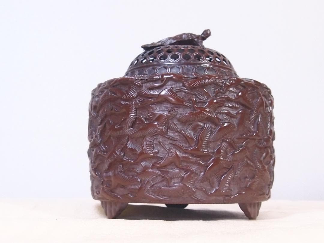 【未使用】高岡銅器 佐野宏采 華鶴 紋様香炉 彫金/繊細/鶴亀 茶道具/香道具
