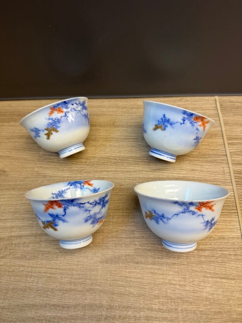 1522 深川製磁　染付紅葉　湯呑4客　時代物