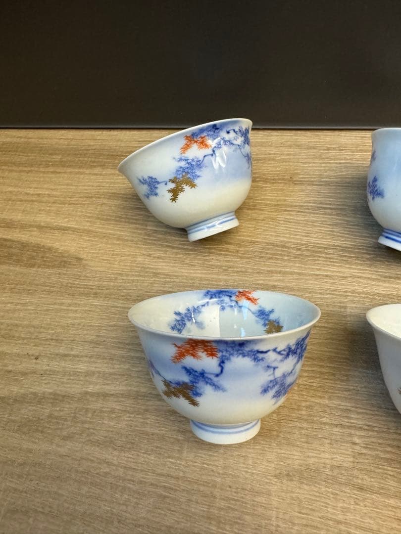 1522 深川製磁　染付紅葉　湯呑4客　時代物
