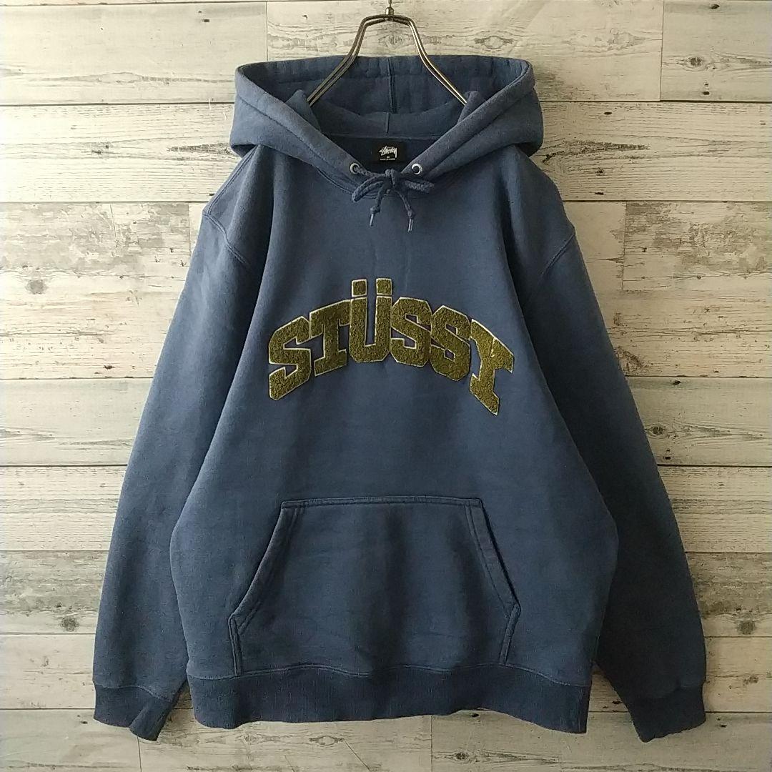 希少カラー☆ステューシー 刺繍 パイルロゴ アーチロゴ パーカー M～L相当 紺