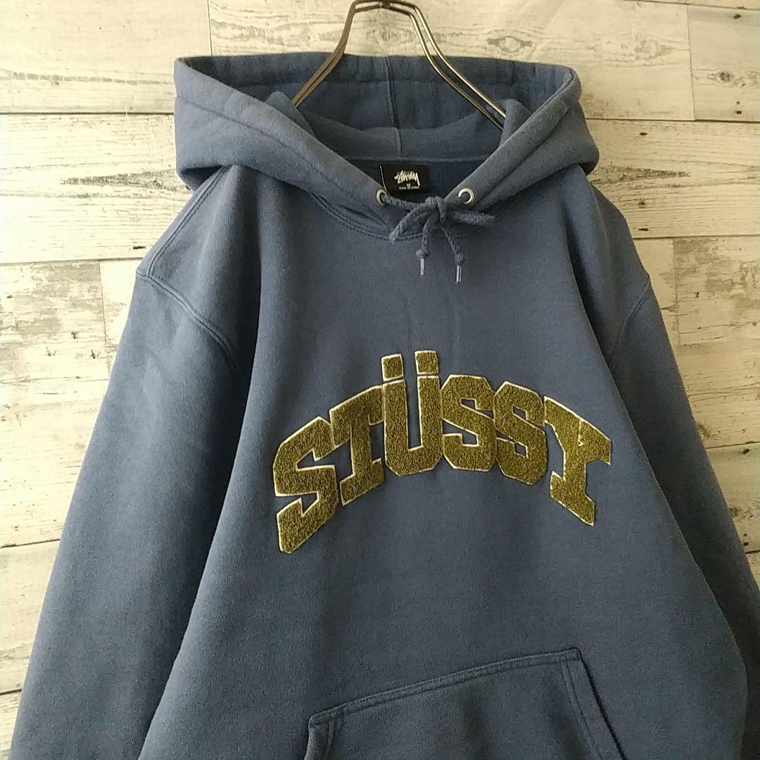 希少カラー☆ステューシー 刺繍 パイルロゴ アーチロゴ パーカー M～L相当 紺