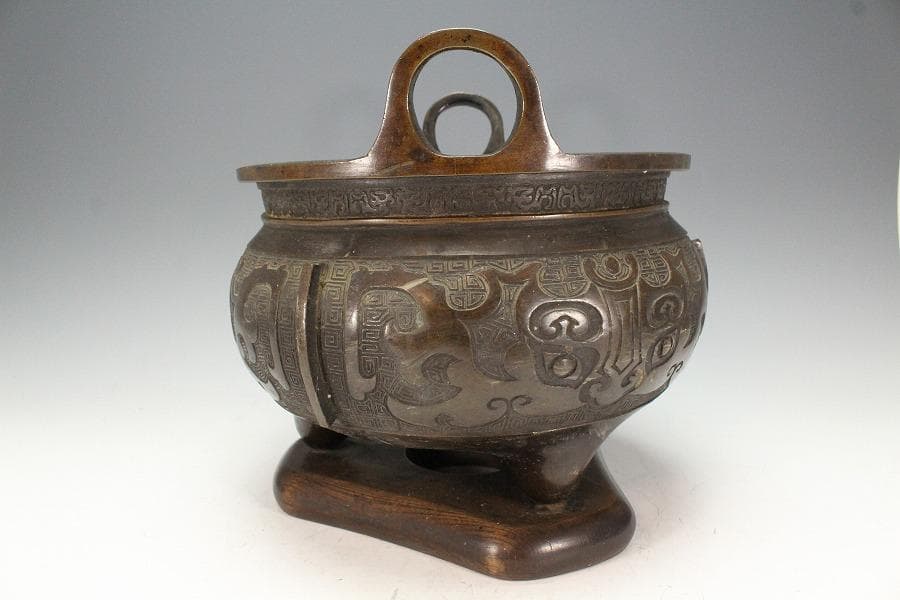 古銅 饕餮紋 双耳 円形 瓶掛(K-LC698)