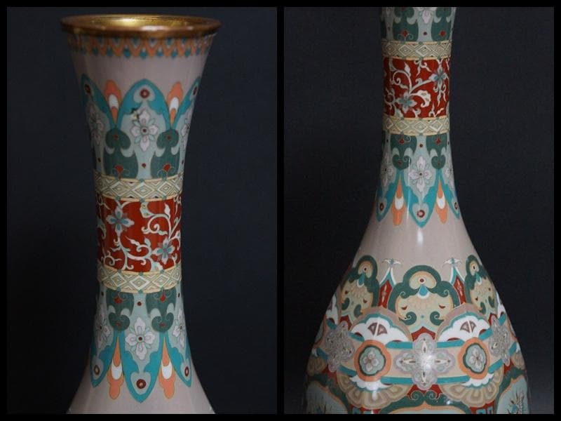 明治期 尾張七宝 銀線象嵌『龍鳳唐草紋』大型飾壺(一対) 面取花瓶