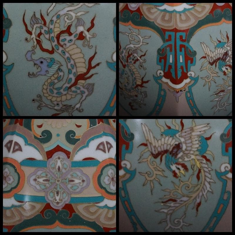 明治期 尾張七宝 銀線象嵌『龍鳳唐草紋』大型飾壺(一対) 面取花瓶