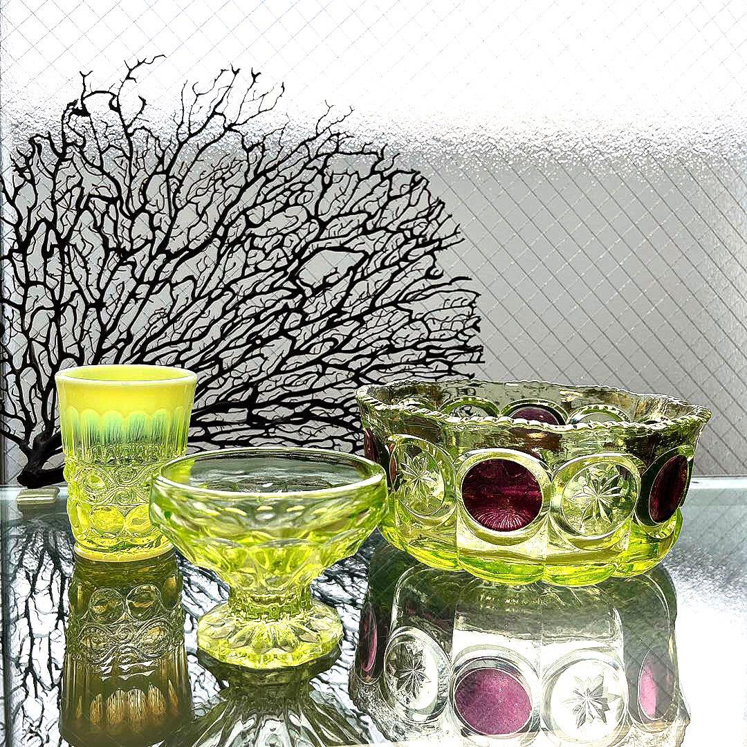 骨董　時代プレス　ラスター彩釉薬　ギザフチ　大鉢　菓子器　ウランガラス