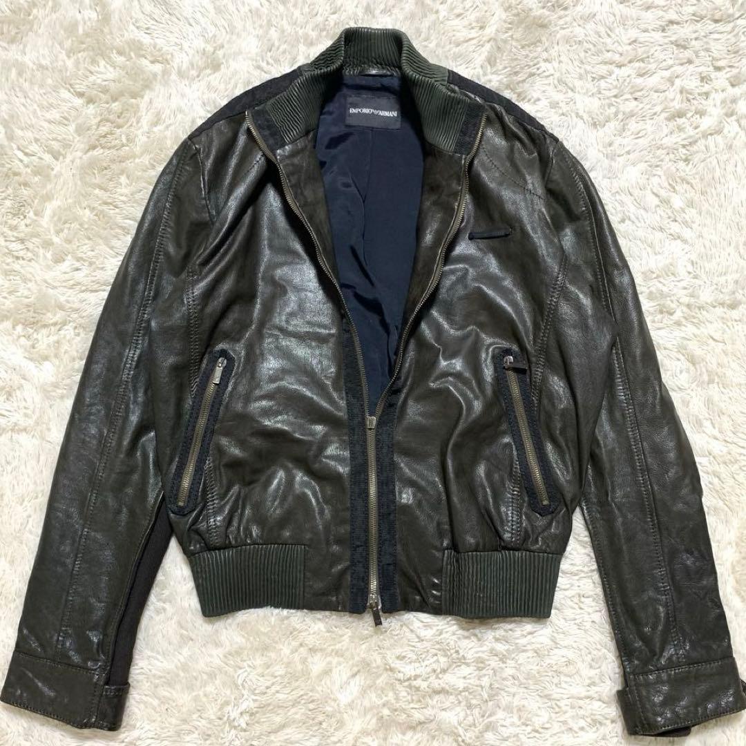ARMANI エンポリオアルマーニ レザー ジャケット 羊革 ロゴプレート 50