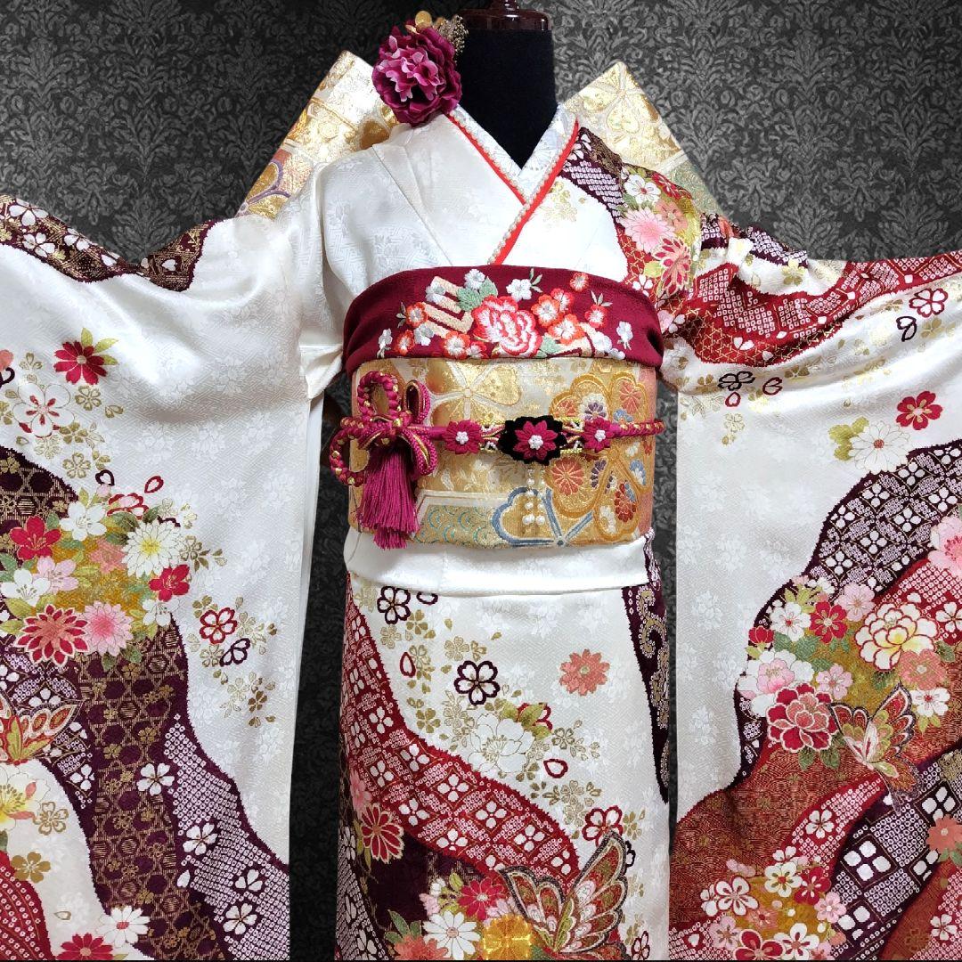 振袖フルセット(7点)・成人式・古典柄・金彩加工・金駒刺繍・地紋・絞り柄・正絹