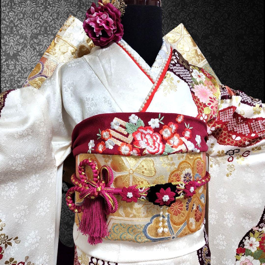 振袖フルセット(7点)・成人式・古典柄・金彩加工・金駒刺繍・地紋・絞り柄・正絹