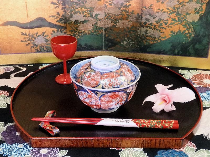 古伊万里　金襴手　枝垂れ桜に花の図　蓋茶碗　２客　C739AS-fbth