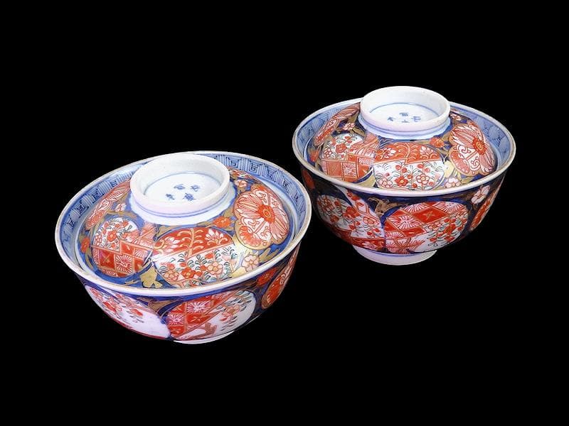 古伊万里　金襴手　枝垂れ桜に花の図　蓋茶碗　２客　C739AS-fbth