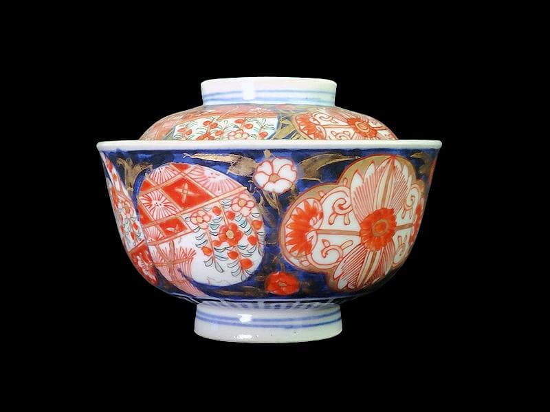 古伊万里　金襴手　枝垂れ桜に花の図　蓋茶碗　２客　C739AS-fbth