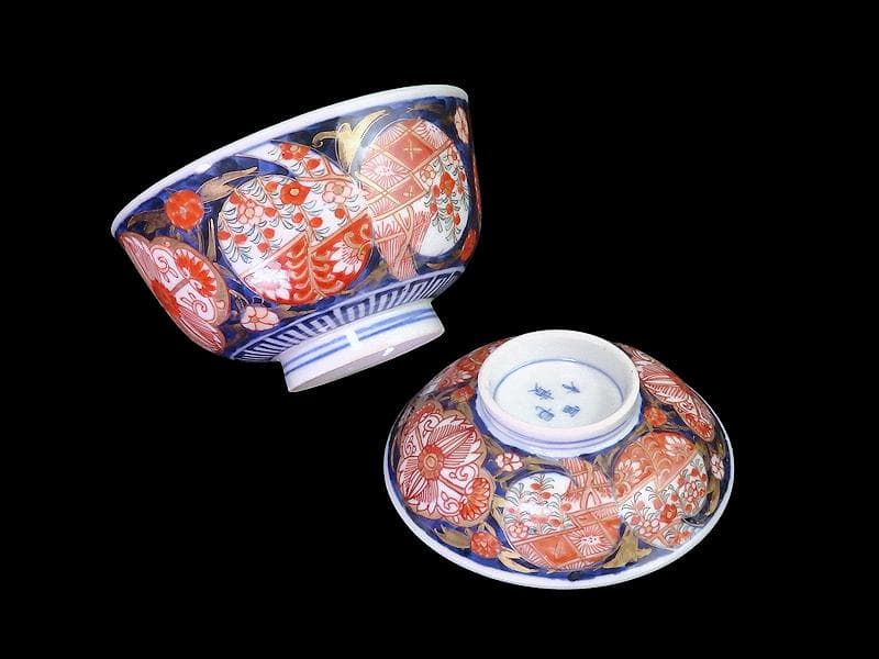 古伊万里　金襴手　枝垂れ桜に花の図　蓋茶碗　２客　C739AS-fbth