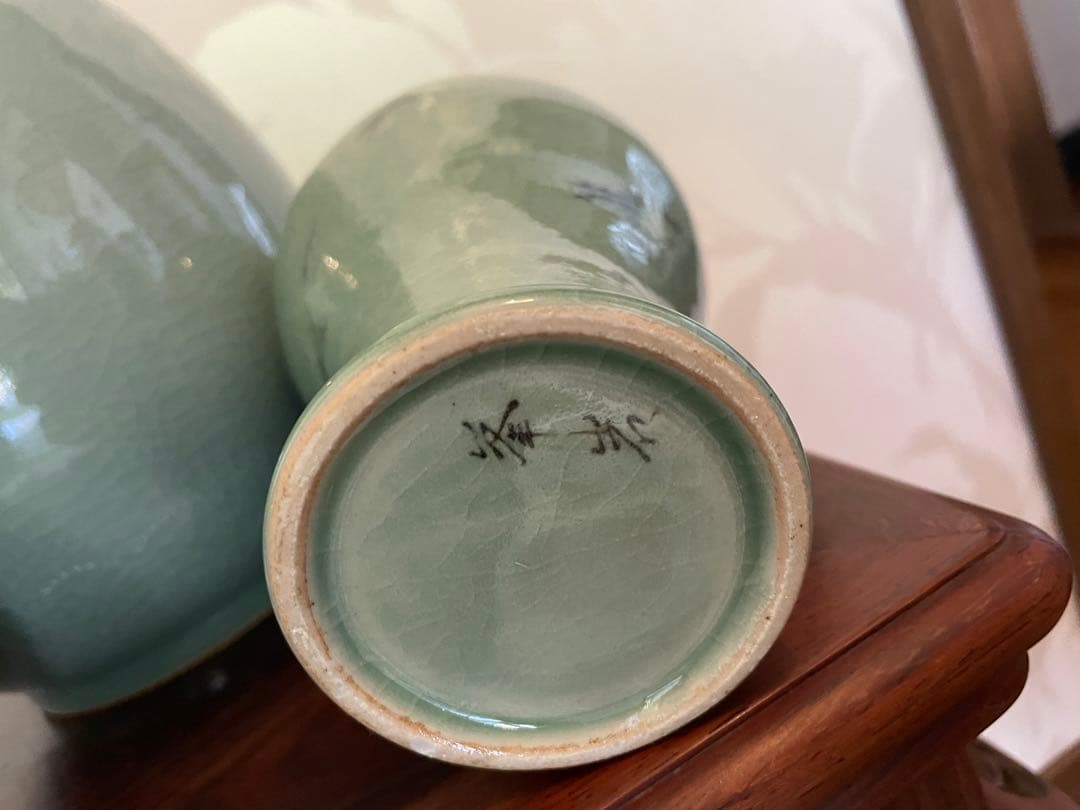 高麗青磁 雲鶴　茶道具　伝統工芸品　峯岩作　華道　高麗青磁　陶器の花瓶3点セット