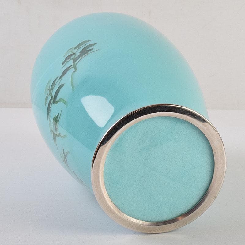 七宝焼　青釉　富士松文　花瓶　唐木台付　共箱　M　R9509