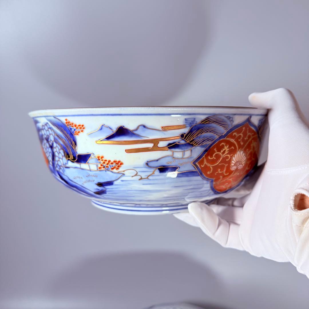 1900年代初頭　錦手　山水図三ツ鉢　箱有　青海波文　舟　二重高台　明治大正期