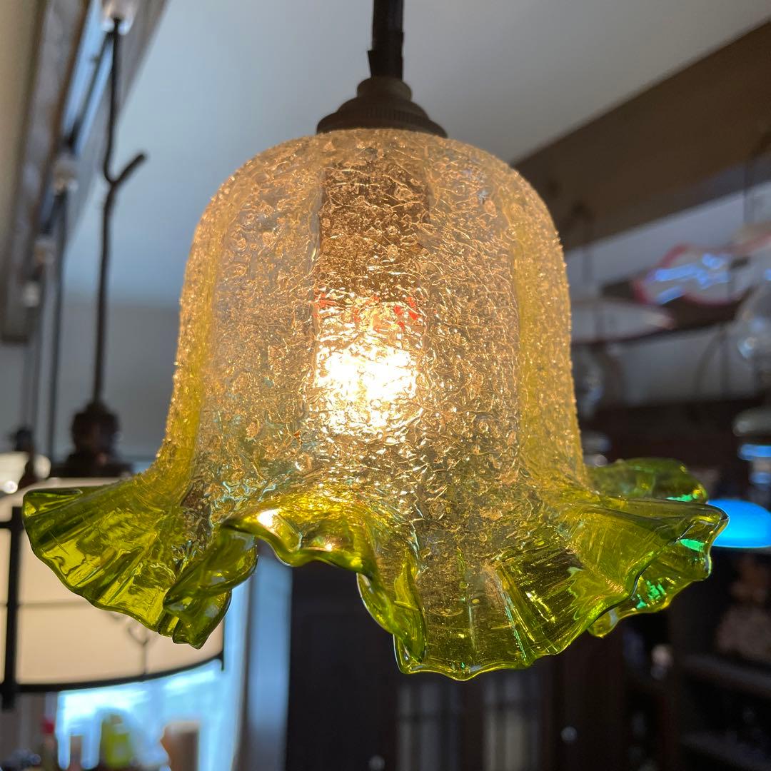 電笠　照明　レトロ　ヨーロッパ【フリル 硝子 電笠】アンティーク ガラス 照明