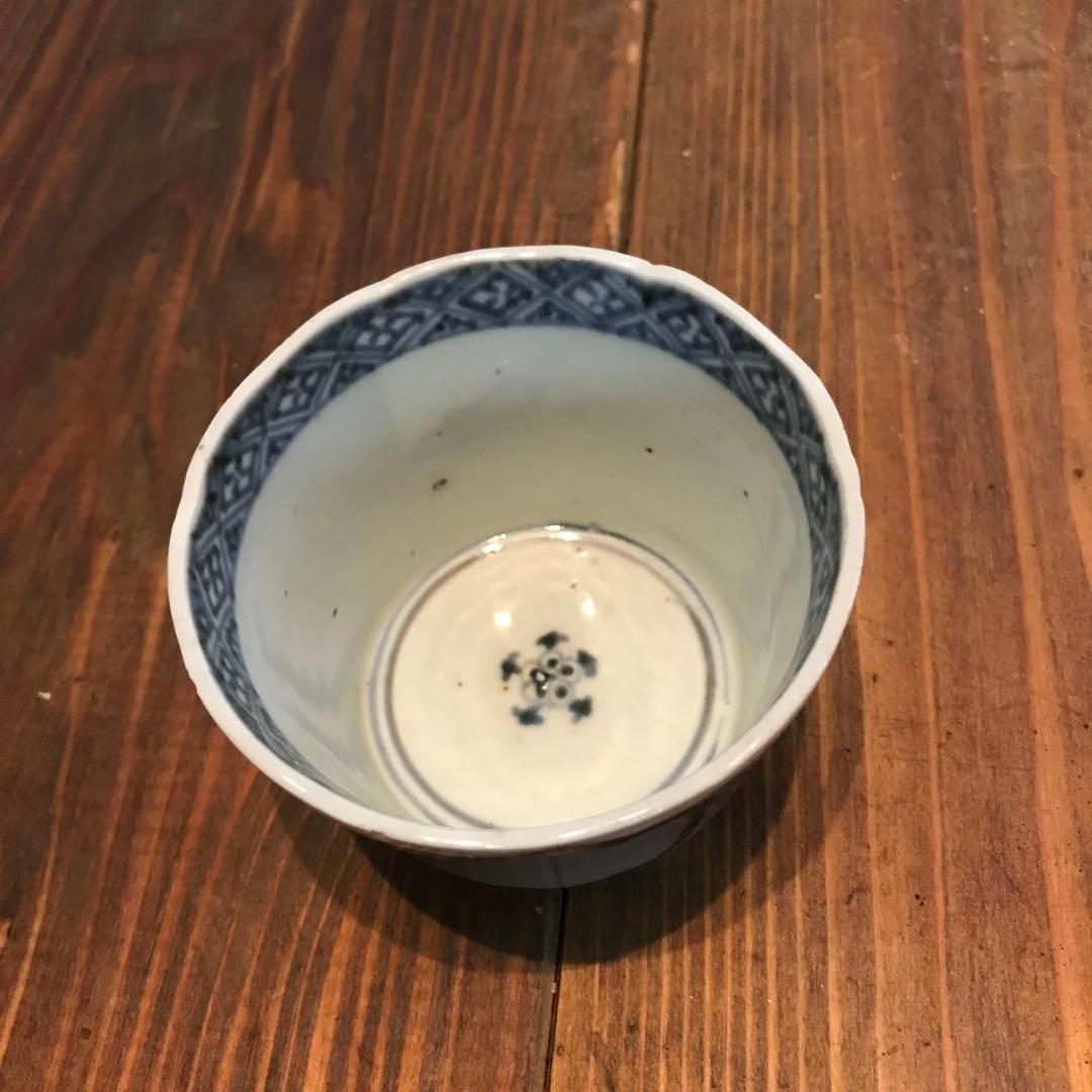 美品　古伊万里　色絵素地　窓枠　花頭窓　時代物　染付　蕎麦猪口　蛇目高台