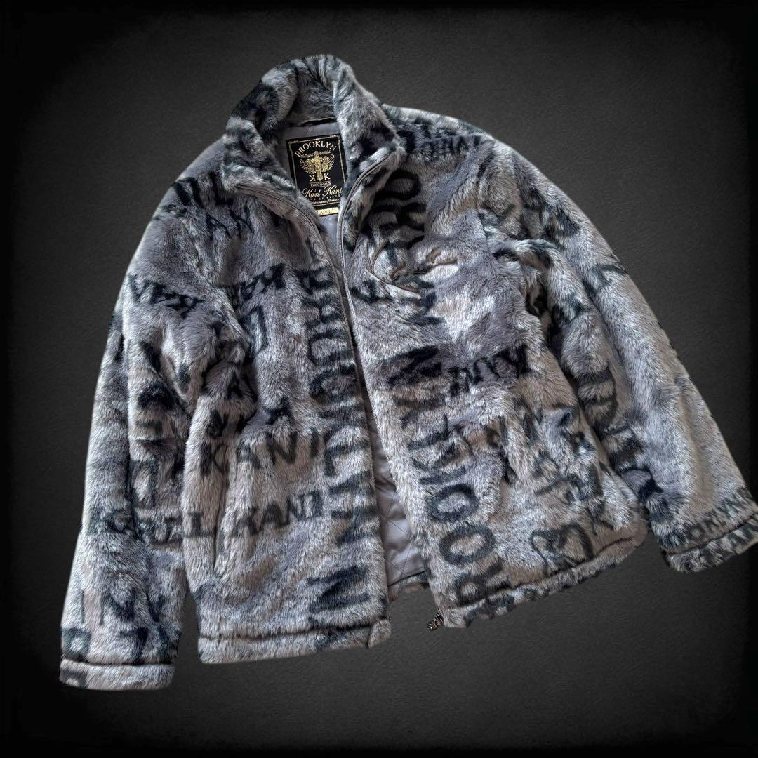 Karl Kani 総柄 ロゴ刺繍 ファーコート ボア L シルバーグレー