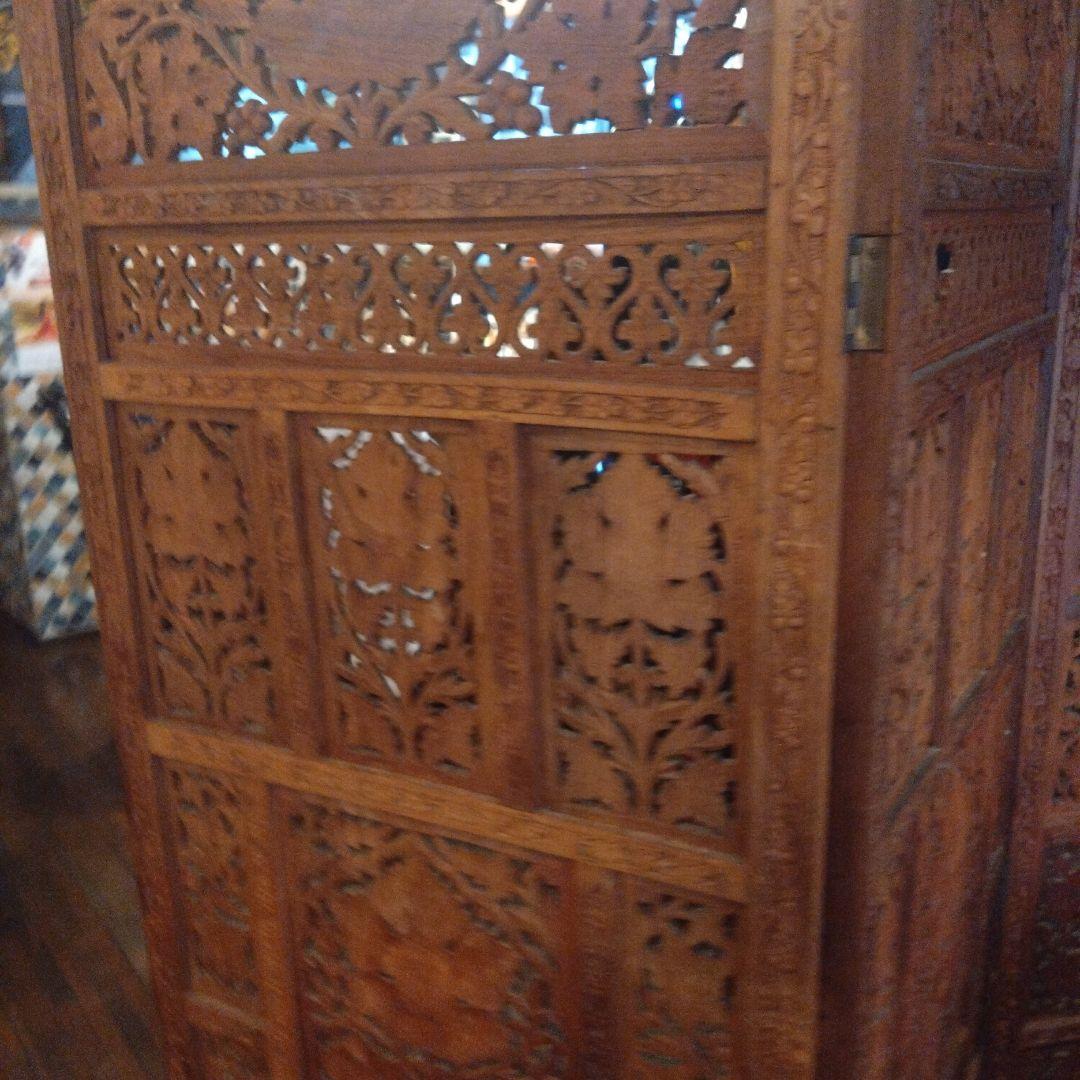 木製彫刻パーティション 4つ折り式